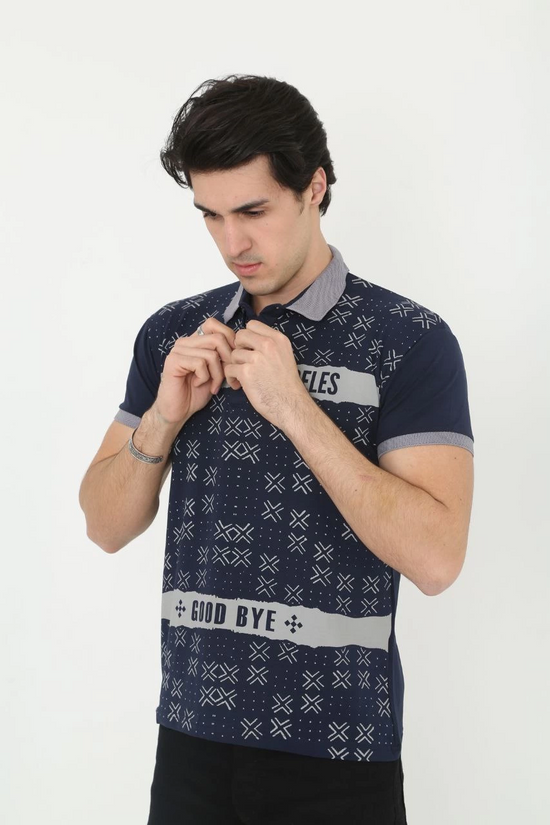 Erkek Polo Yaka  tişört Slim Fit Baskılı Kısa kol T-Shirt - Lacivert