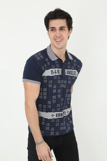 Erkek Polo Yaka  tişört Slim Fit Baskılı Kısa kol T-Shirt - Lacivert