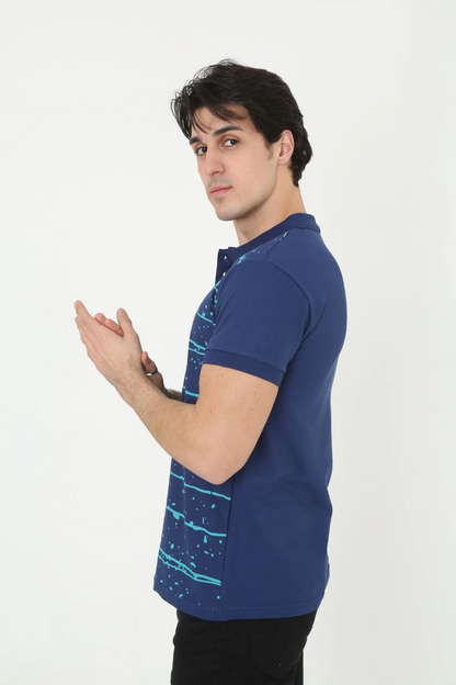Erkek Pike Polo Yaka tişört Slim Fit Baskılı Kısa kol T-Shirt - Mavi