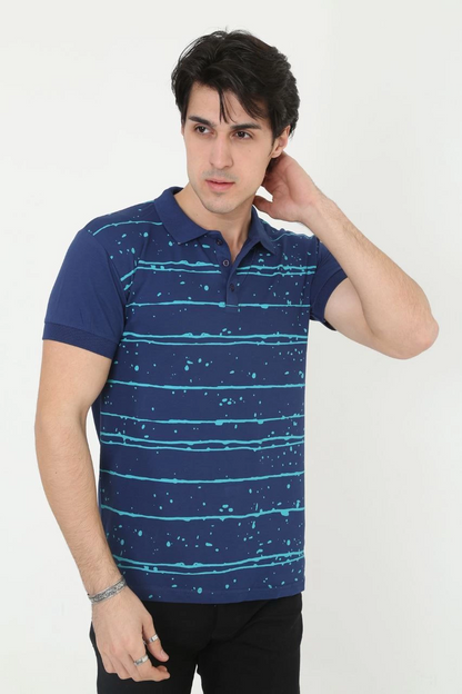 Erkek Pike Polo Yaka tişört Slim Fit Baskılı Kısa kol T-Shirt - Mavi