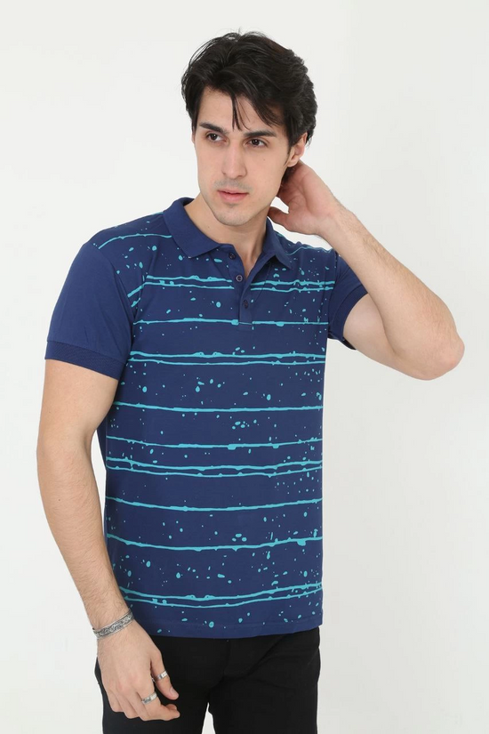 Erkek Pike Polo Yaka tişört Slim Fit Baskılı Kısa kol T-Shirt - Mavi