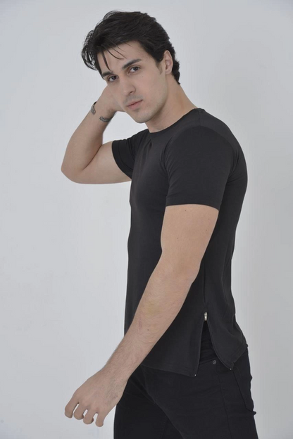 Erkek Yanlardan Fermuarlı T-Shirt Kısa Kol Bisiklet Yaka Slimfit Tişört   - Siyah