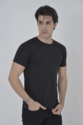 Erkek Yanlardan Fermuarlı T-Shirt Kısa Kol Bisiklet Yaka Slimfit Tişört   - Siyah