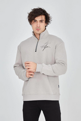 Erkek Yarım Fermuarlı Baskılı 3 iplik pamuklu sweatshirt - Boyalı Gri