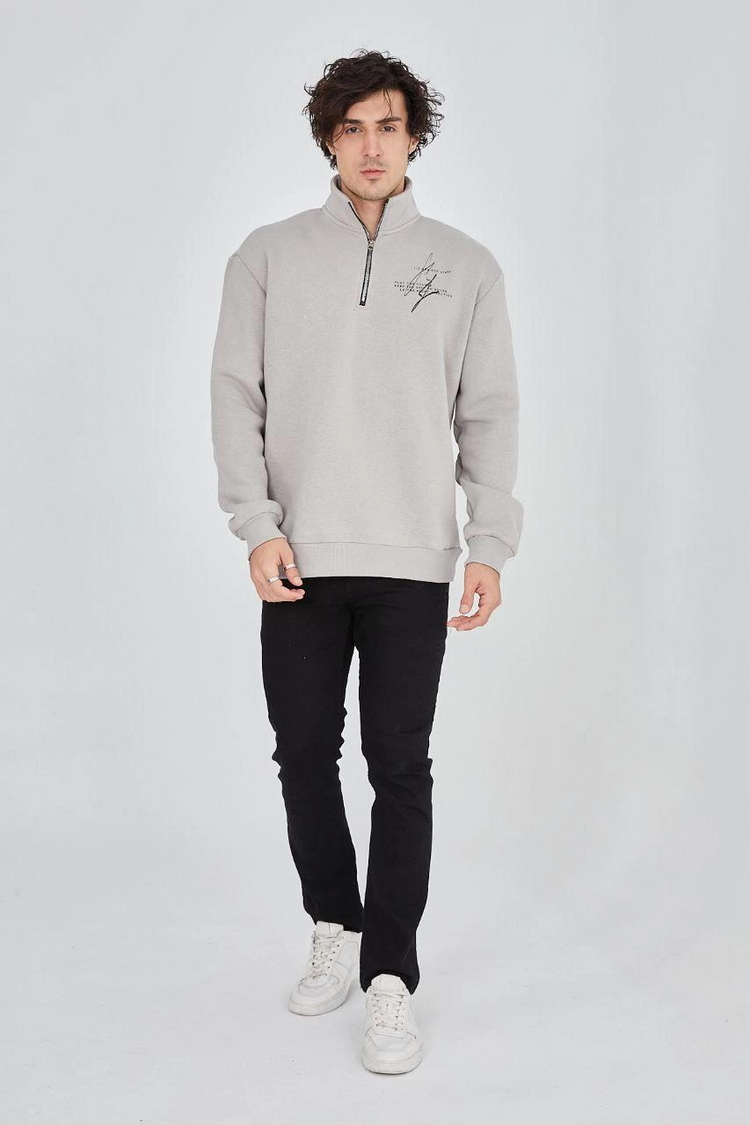 Erkek Yarım Fermuarlı Baskılı 3 iplik pamuklu sweatshirt - Boyalı Gri