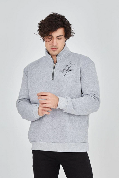 Erkek Yarım Fermuarlı Baskılı 3 iplik pamuklu sweatshirt - Gri