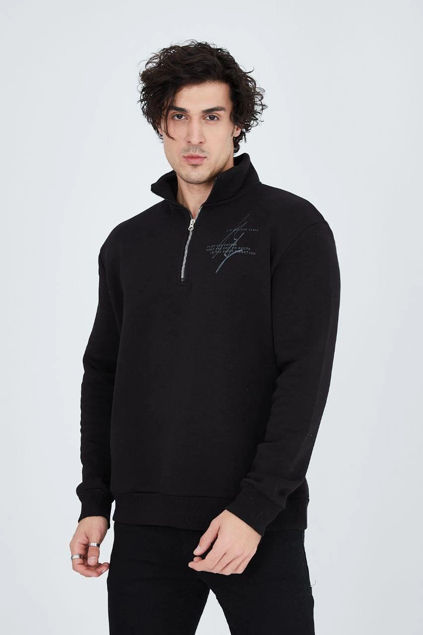 Erkek Yarım Fermuarlı Baskılı 3  iplik pamuklu sweatshirt - Siyah