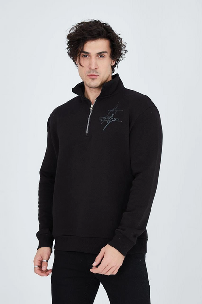 Erkek Yarım Fermuarlı Baskılı 3  iplik pamuklu sweatshirt - Siyah