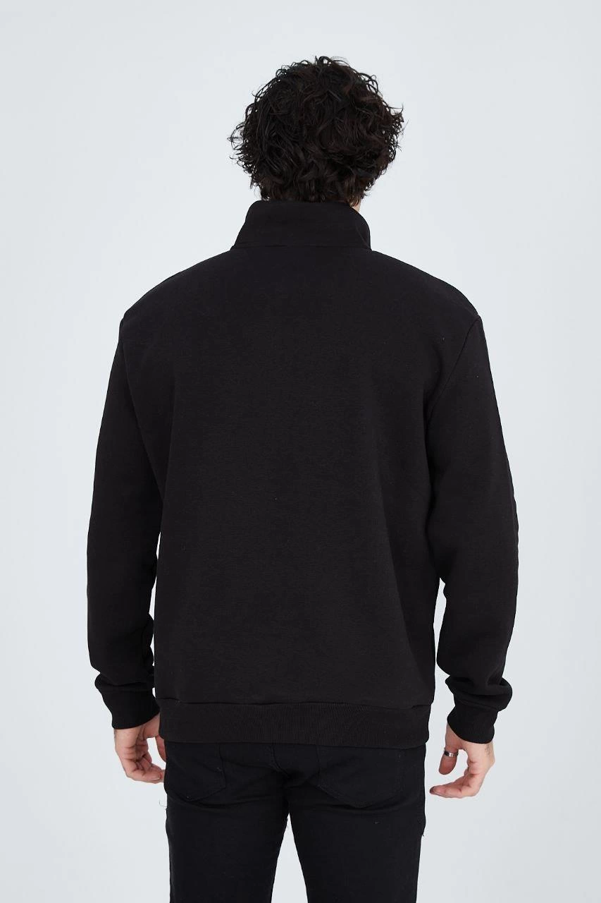 Erkek Yarım Fermuarlı Baskılı 3  iplik pamuklu sweatshirt - Siyah