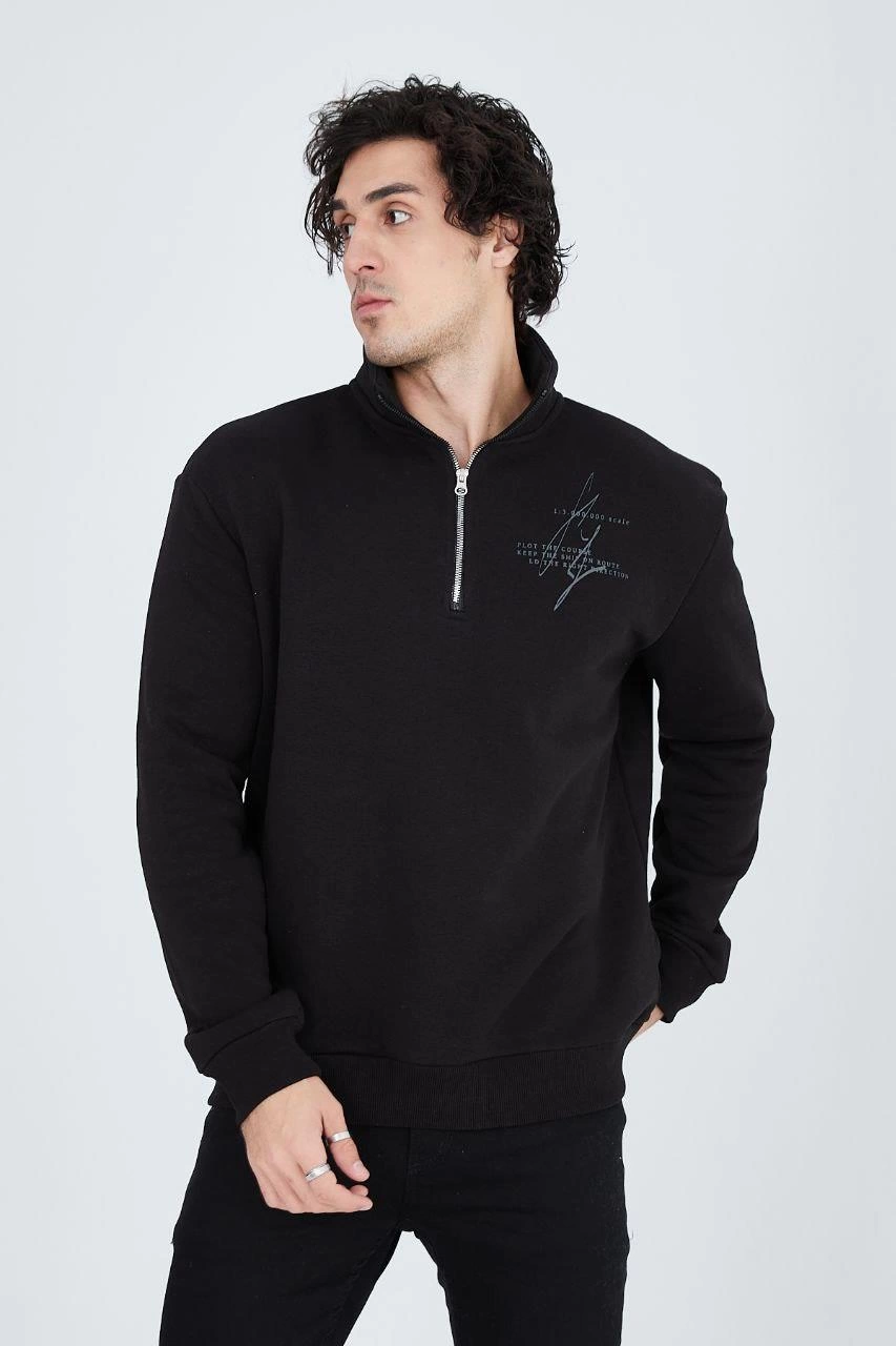 Erkek Yarım Fermuarlı Baskılı 3  iplik pamuklu sweatshirt - Siyah