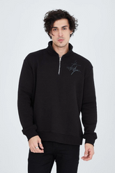 Erkek Yarım Fermuarlı Baskılı 3  iplik pamuklu sweatshirt - Siyah