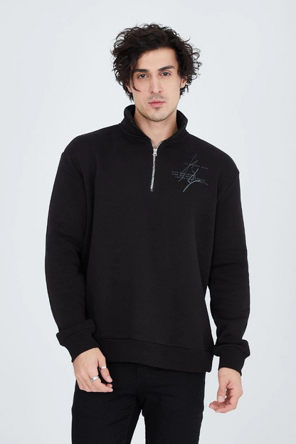 Erkek Yarım Fermuarlı Baskılı 3  iplik pamuklu sweatshirt - Siyah