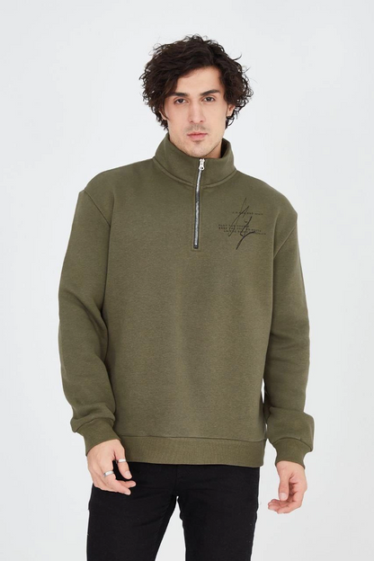 Erkek Yarım Fermuarlı Baskılı 3 iplik pamuklu sweatshirt - Yeşil