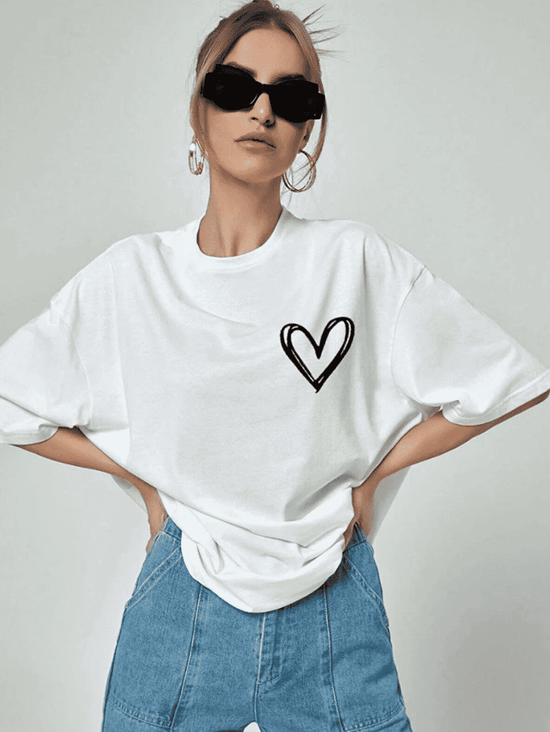 Kadın Tişört Bisiklet Yaka Baskılı Oversize T-Shirt - Beyaz