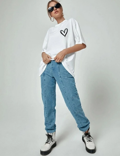 Kadın Tişört Bisiklet Yaka Baskılı Oversize T-Shirt - Beyaz