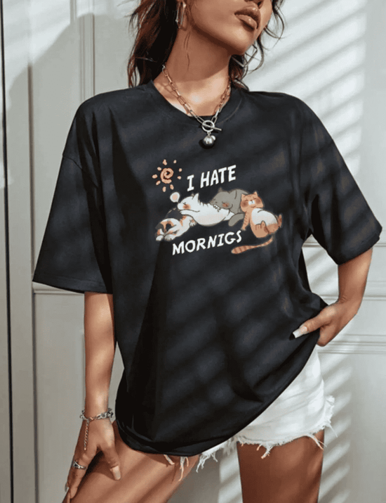 Kadın Tişört Bisiklet Yaka Baskılı Oversize T-Shirt - Siyah