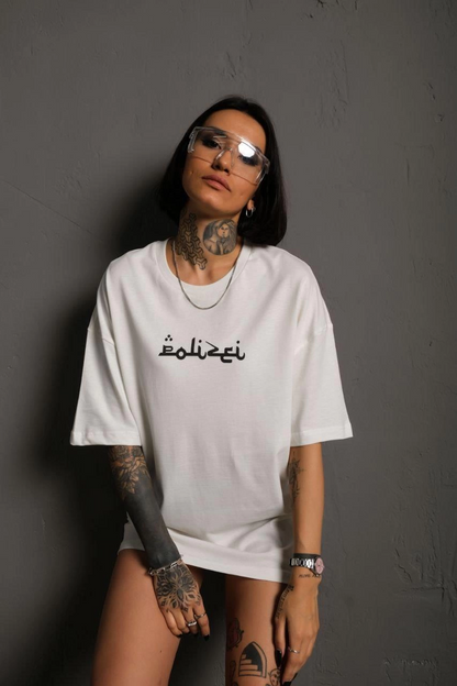 Kadın Bisiklet Yakalı Sırt Baskılı  Kısa kol Oversize T-Shirt - Beyaz