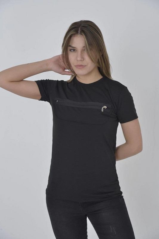 Kadın Gögüs Fermuarlı T-Shirt Kısa Kol Bisiklet Yaka Slimfit Tişört - Siyah