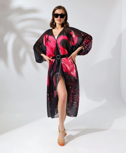 Kadın Rahat Kesim Şifon Kimono - Siyah