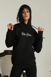 Kadın Oversize Kapüşonlu Cepli Baskılı 3 İplik Pamuklu Hoodie Sweatshirt - Siyah
