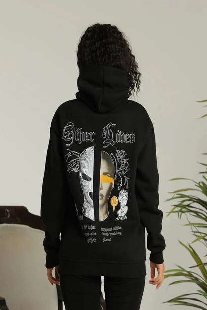 Kadın Oversize Kapüşonlu Cepli Baskılı 3 İplik Pamuklu Hoodie Sweatshirt - Siyah