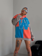 Kadın W Nakış İşlemeli Kapüşonlu 3 iplik pamuklu Parçalı Sweatshirt Hoodie - Mavi