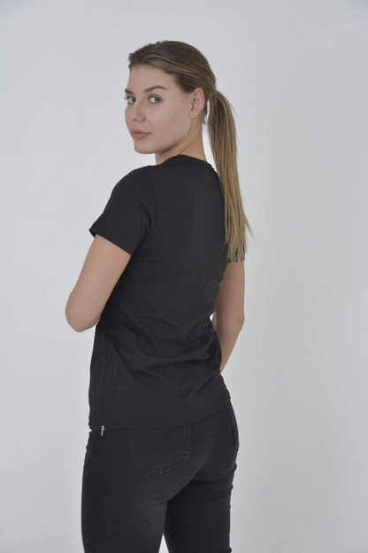 Kadın Yanlardan Fermuarlı T-Shirt Kısa Kol Bisiklet Yaka Slimfit Tişört  - Siyah