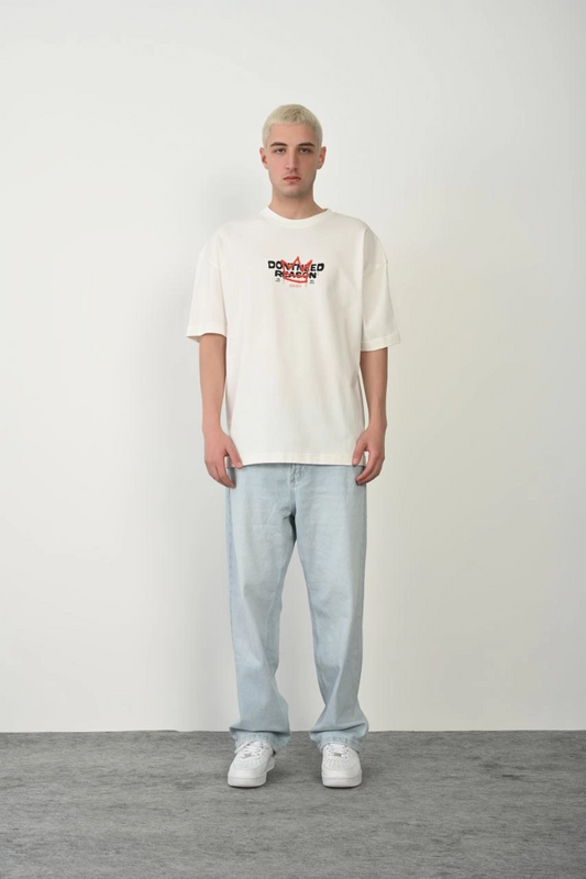 Erkek Baskılı T-Shirt Kısa Kol Bisiklet Yaka Rahat Kalıp Tişört  - Beyaz