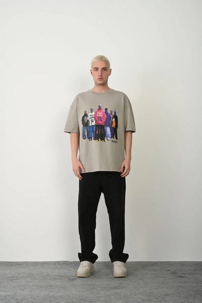 Erkek Baskılı T-Shirt Kısa Kol Bisiklet Yaka Rahat Kalıp Tişört - Boyalı Gri