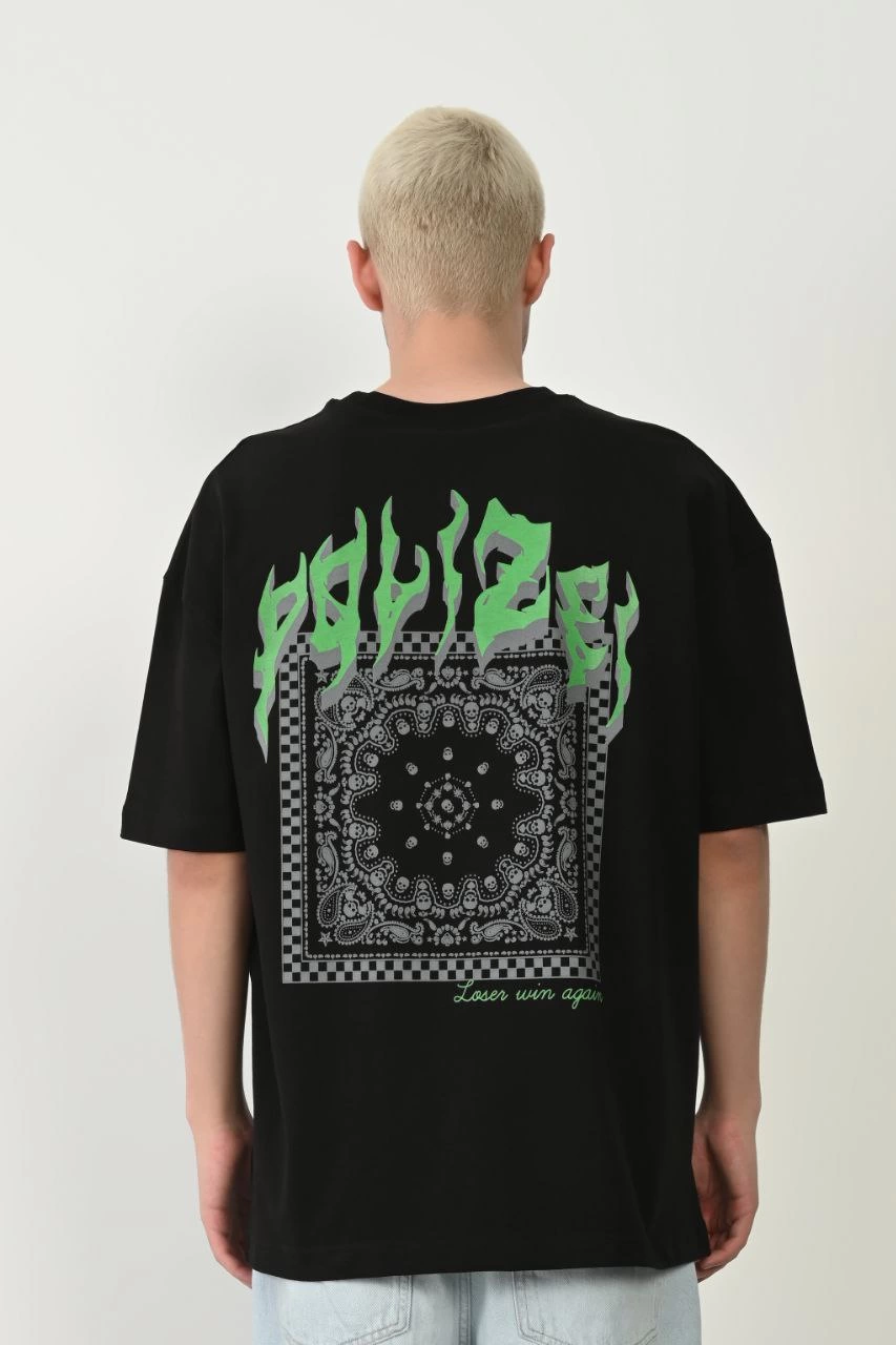 Erkek Baskılı T-Shirt Kısa Kol Bisiklet Yaka Rahat Kalıp Tişört  - Siyah