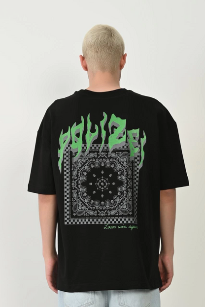 Erkek Baskılı T-Shirt Kısa Kol Bisiklet Yaka Rahat Kalıp Tişört  - Siyah