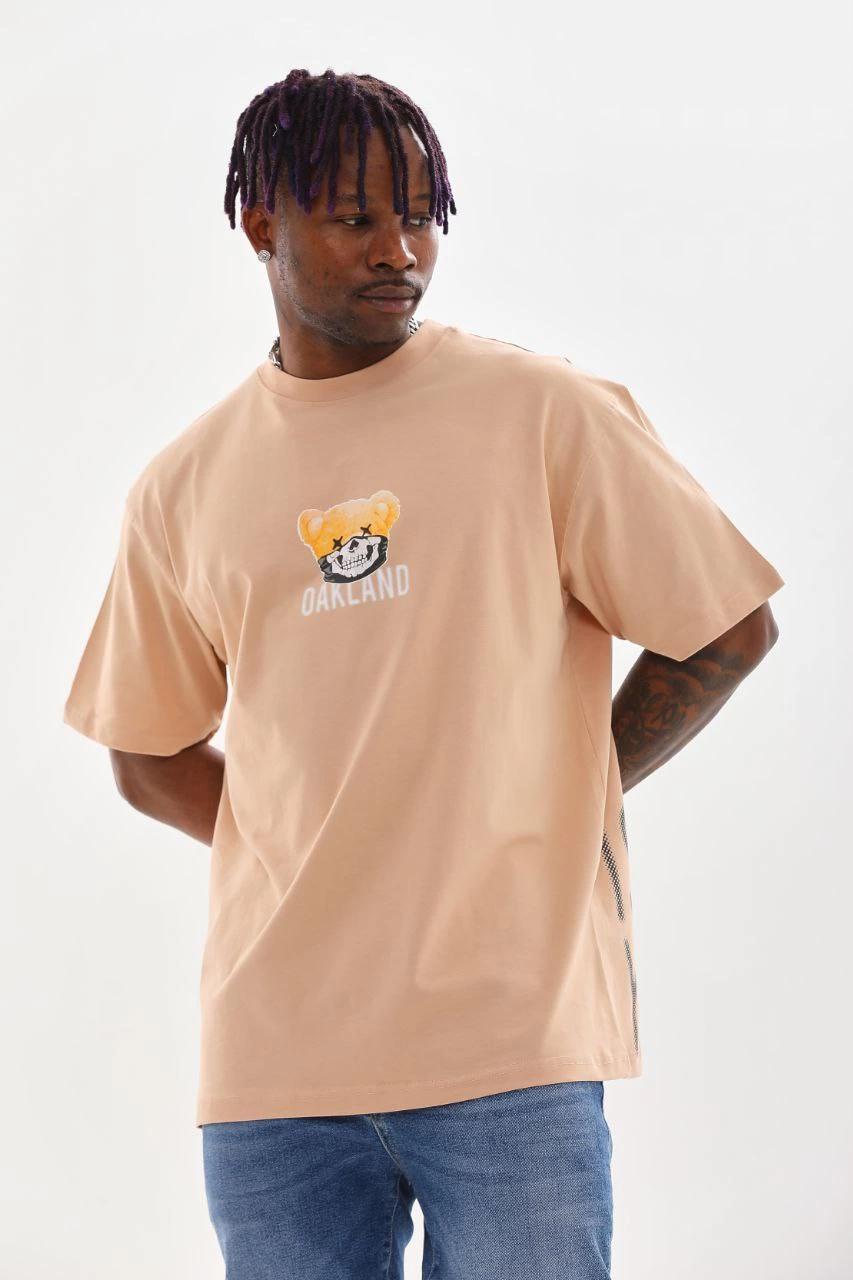 Erkek Baskılı T-Shirt Kısa Kol Bisiklet Yaka Rahat Kalıp Tişört - Bej