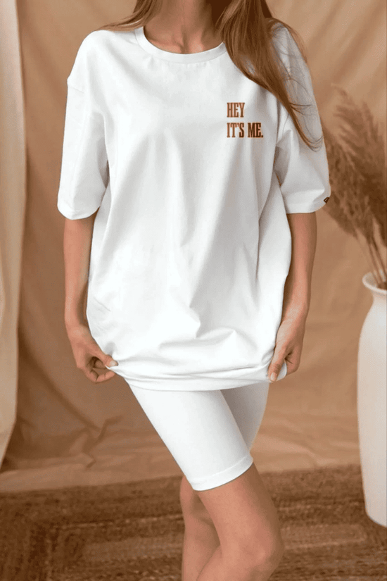 Kadın Baskılı T-Shirt Kısa Kol Bisiklet Yaka Oversize Rahat Kalıp Tişört - Beyaz
