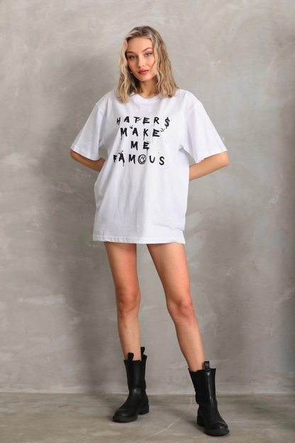 Kadın ön ve arka Baskılı Oversize Kısa kol  T-Shirt - Beyaz