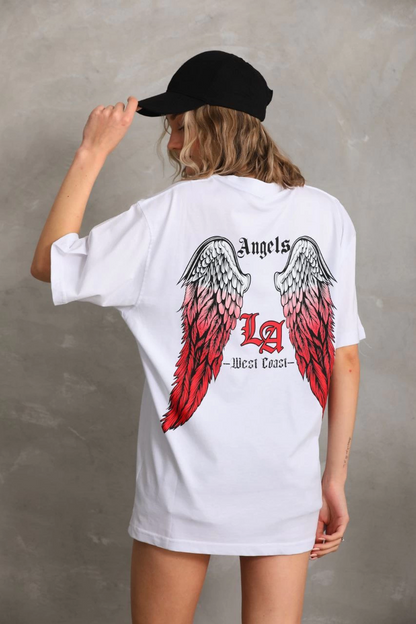 Kadın Baskılı Tişört Kısa Kol Bisiklet Yaka Oversize T-Shirt - Beyaz
