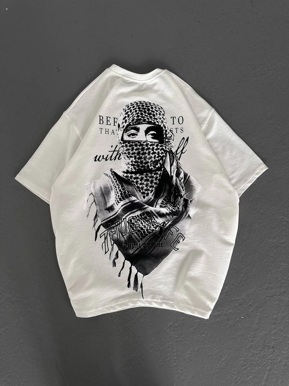 Erkek Kısa Kol Tişört Bisiklet Yaka Filistin Poşulu Baskılı T-Shirt - Beyaz