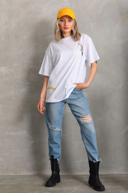 Kadın Kısa Kol Yazlık Tişört Bisiklet Yaka Baskılı Oversize T-Shirt - Beyaz