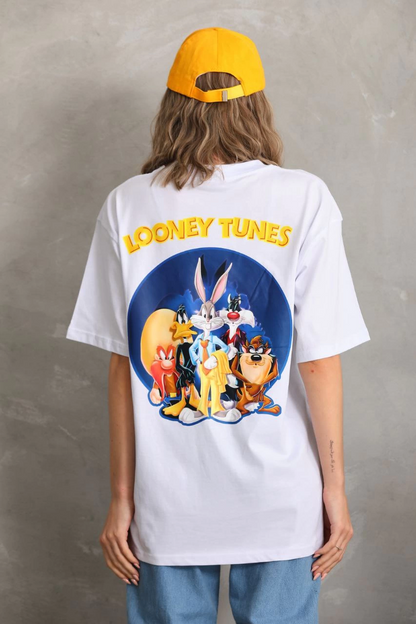 Kadın Kısa Kol Yazlık Tişört Bisiklet Yaka Baskılı Oversize T-Shirt - Beyaz