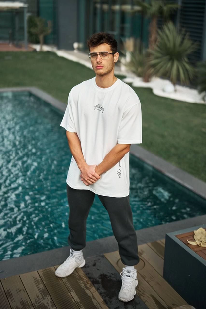 Erkek Kısa Kol Tişört Bisiklet Yaka Filistin Poşulu Baskılı T-Shirt - Beyaz