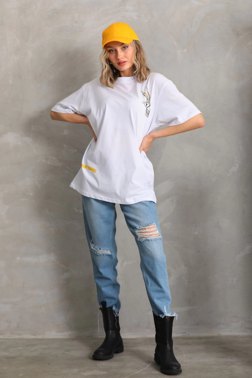 Kadın Kısa Kol Yazlık Tişört Bisiklet Yaka Baskılı Oversize T-Shirt - Beyaz