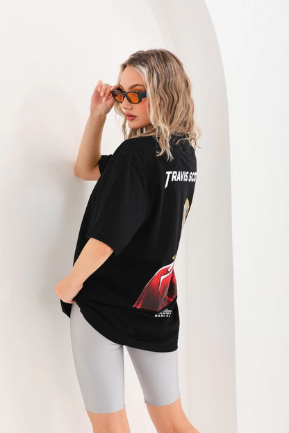 Kadın Baskılı T-Shirt Kısa Kol Bisiklet Yaka Oversize Rahat Kalıp Günlük Tişört - Siyah