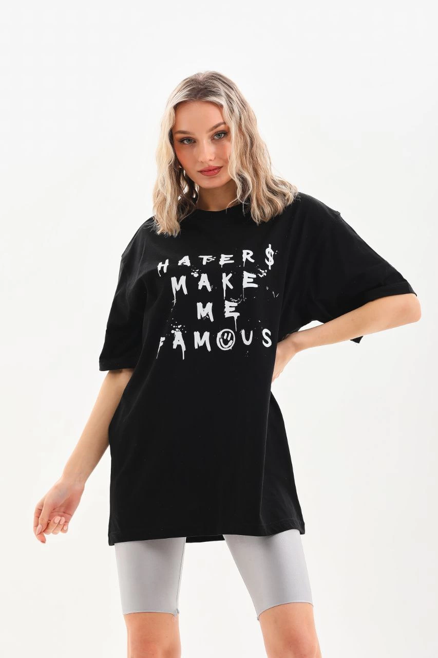 Kadın Kısa Kol Yazlık Tişört Bisiklet Yaka Baskılı Oversize T-Shirt - Siyah