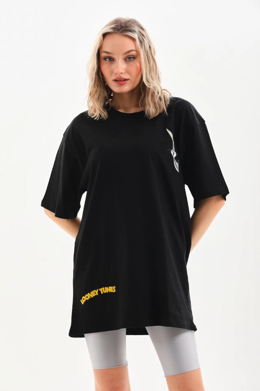 Kadın Kısa Kol Yazlık Tişört Bisiklet Yaka Baskılı Oversize T-Shirt - Siyah