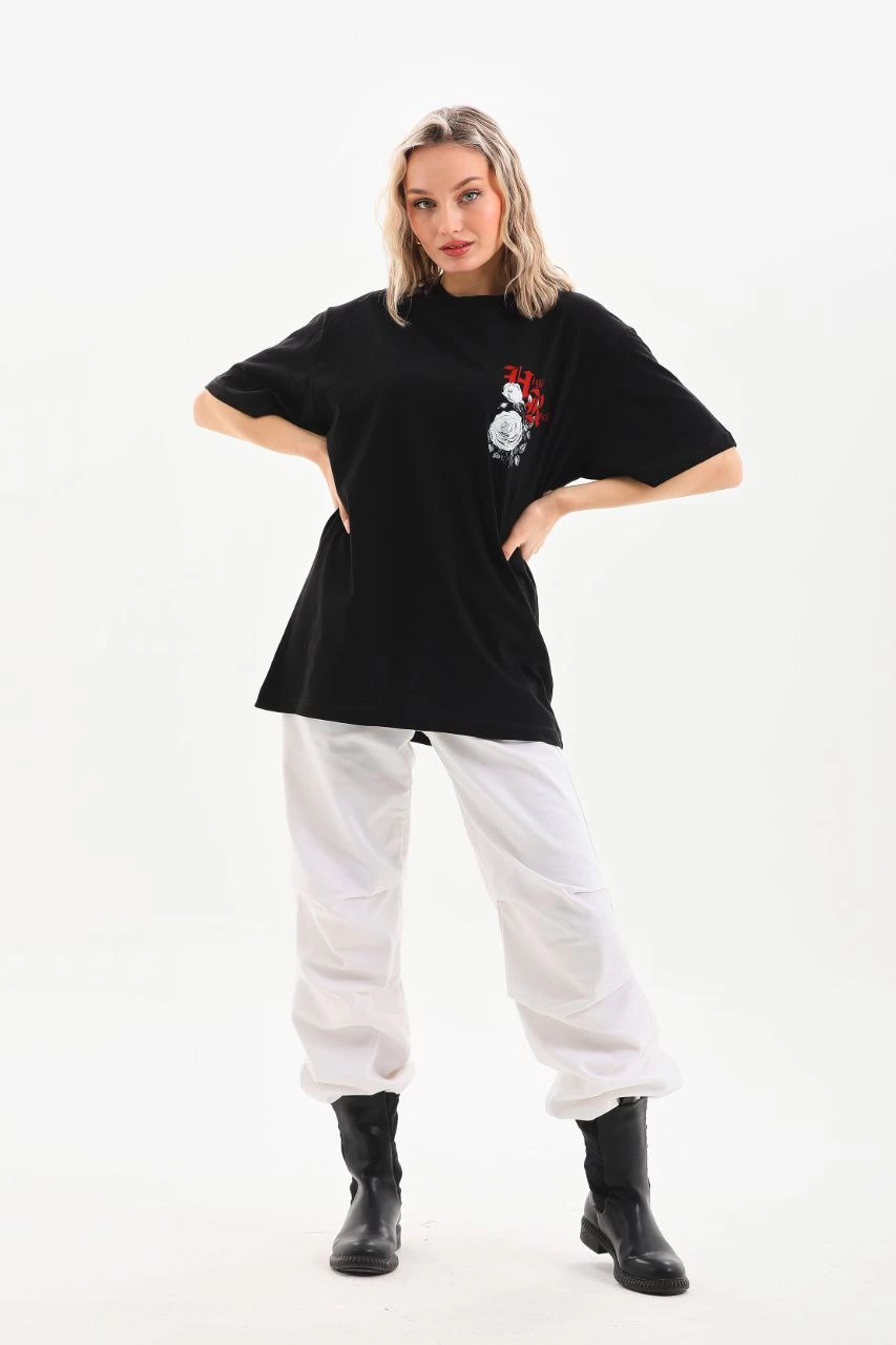Kadın Kısa Kol Yazlık Tişört Bisiklet Yaka Baskılı Oversize T-Shirt - Siyah