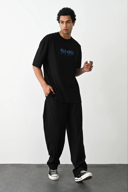 Erkek Baskılı Oversize  Kısa kol T-Shirt - Siyah