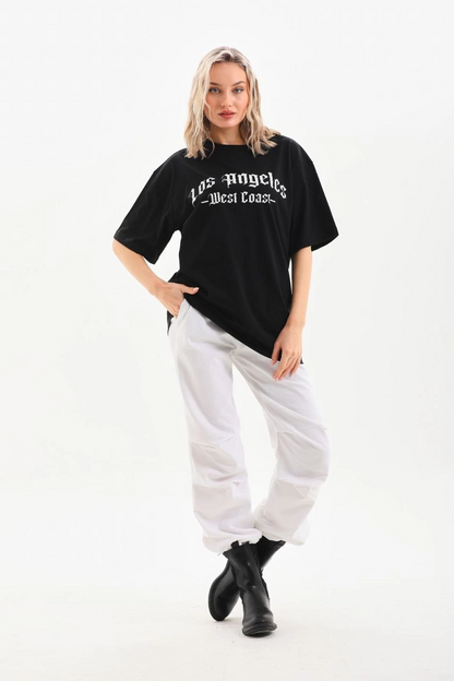 Kadın Baskılı Tişört Kısa Kol Bisiklet Yaka Oversize T-Shirt - Siyah