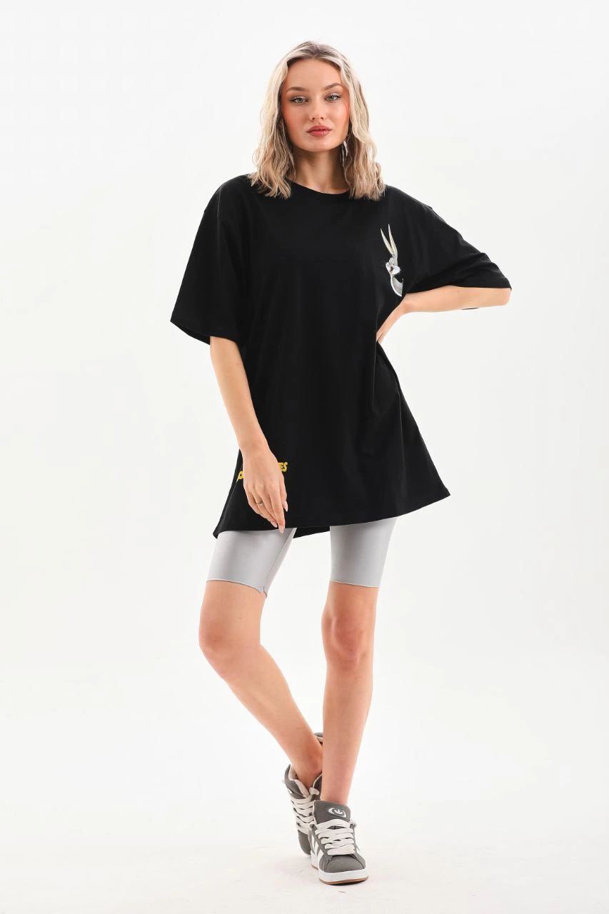Kadın Kısa Kol Yazlık Tişört Bisiklet Yaka Baskılı Oversize T-Shirt - Siyah