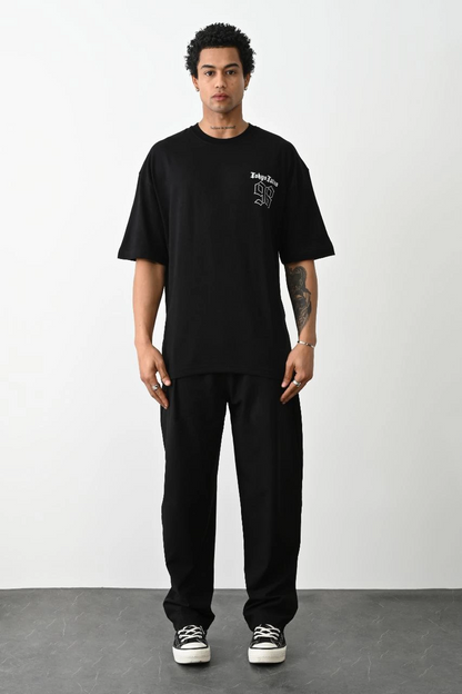Erkek Kısa Kol Yazlık Tişört Bisiklet Yaka Baskılı Oversize T-Shirt - Siyah