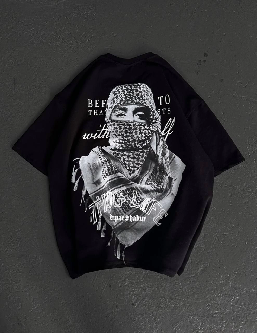 Erkek Kısa Kol Tişört Bisiklet Yaka Filistin Poşulu Baskılı T-Shirt - Siyah