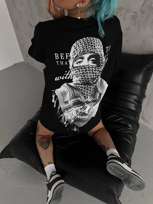 Kadın Kısa Kol Tişört Bisiklet Yaka Filistin Poşülü Baskılı T-Shirt - Siyah